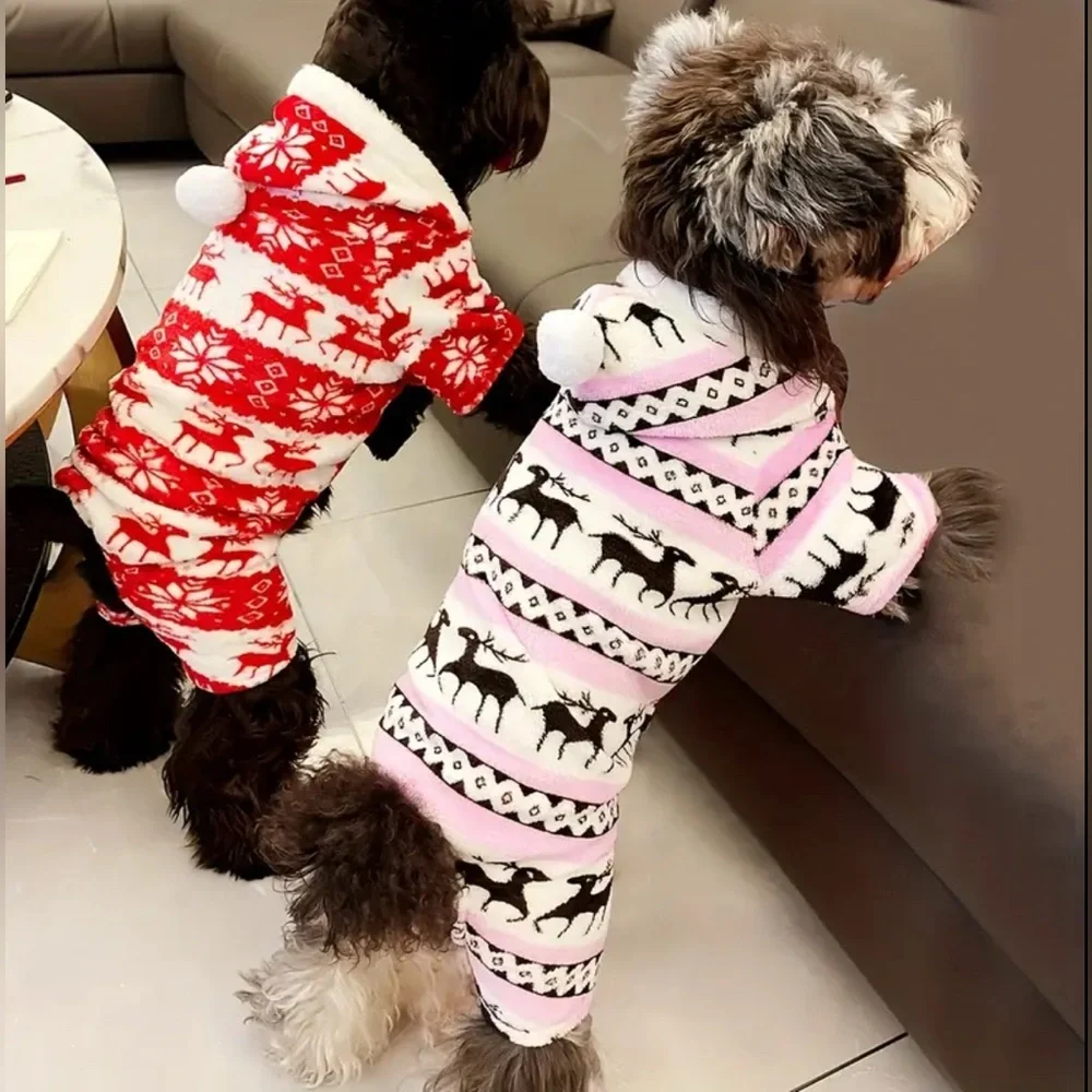 1pc Pet Christmas Reindeer Graphic Pajamas Hooded Jumpsuit For Puppy